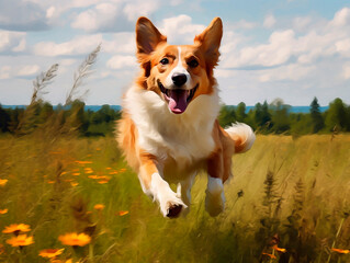 Joyful dog, running on meadow with grass and flowers, dog playing outdoors generative ai