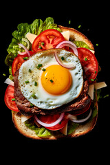 A cheese steak burger with egg and tomato. Generative AI 