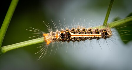 a cater cater is crawling on the green stem of a plant