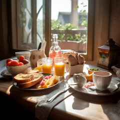 Morning routine, delicious food. Сoncept of drinking coffee, tea. Table by window generative a