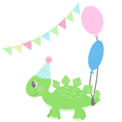 Kid's birthday card with a dinosaur in a festive cap Happy dinosaur with a balloon, gift and a cake. Clipart on a white background. A festive inscription in a cartoon's style.