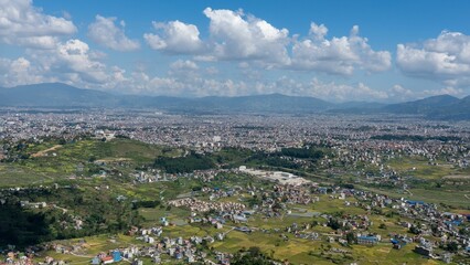 Fototapeta na wymiar Aerial view of the cityscape of Kathmandu, Nepal on a cloudy sunny day