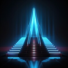 The fashion event features illuminated stairs, abstract blue neon background. (Illustration, Generative AI)