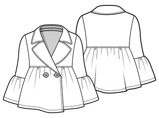 Notch Lapel Collar Peplum Top with Bell Sleeve, Peplum Blazer  Front and Back View. Fashion Flat Sketch Vector Illustration, CAD, Technical Drawing, Flat Drawing, Template, Mockup.