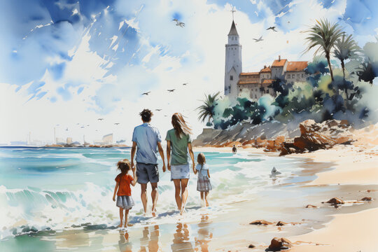  family at the beach in watercolor design