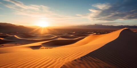 Obraz na płótnie Canvas The sun is setting over the sand dunes. Generative AI image.