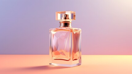 Clear perfume bottle on beautiful pink, orange and purple gradient background. Women's essence. generative ai