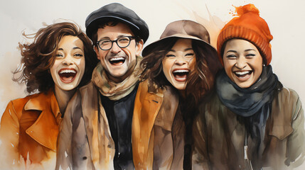 Fototapeta premium different poeple laughing together in watercolor painting design