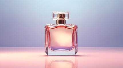 Clear perfume bottle on beautiful pink, orange and purple gradient background. Women's essence. generative ai