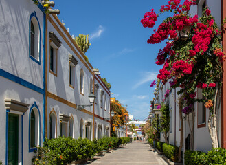 Street of Puerto de Mogán with its white houses with the frames of doors and windows painted in bright colors. Multiple bougainvillea and trees. Charming town, Gran Canaria, Spain