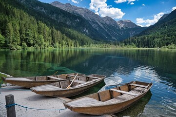 Fototapeta na wymiar Boats by the lake in a summer landscape in Jagersee, Austria