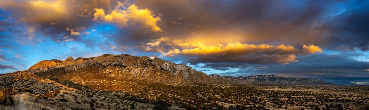 Majestic view of the Sandia Mountains in Albuquerque, New Mexico during sunset