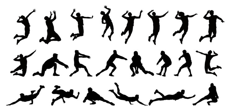 Super set men volleyball players on white background isolated. Silhouette of  men volleyball players with different poses - Jumping smash and saves vector illustration