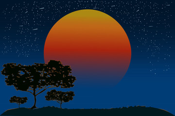 Africa or Australia wild landscape with acacia trees, orange sun and evening sky. Night savanna banner with copy space. Scenery with purple sundown or sunrise. Background of twilight nature. Vector