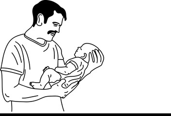 Joyful Fatherhood: Young Dad Holding Newborn Baby - Vector Illustration, Father's Love: Cartoon Hipster Dad with Newborn Baby - Vector Art, Daddy's Delight: Happy Father Holding Baby