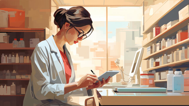 Woman using a tablet in a pharmacy style like oilpainting
