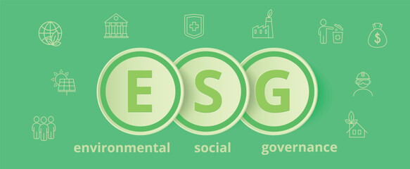 Environmental, Social and Corporate Governance. Banner ESG. Acronym in Circles. Vector illustration in green