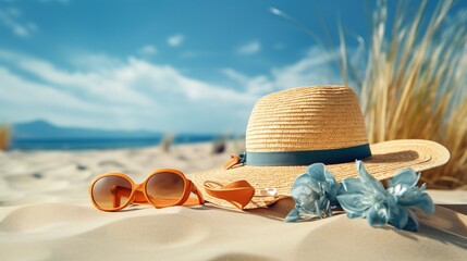 Fototapeta na wymiar Beautiful beach with glasses and hat on the beach.