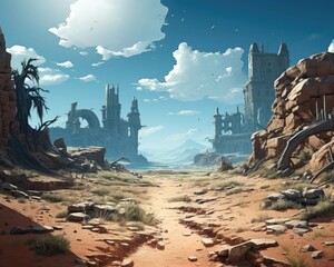 An anime-styled, sci-fi, fantasy illustration of a desert wasteland scenery. (Illustration, Generative AI)