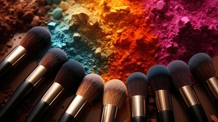 A colorful background with makeup brushes and powder viewed from above. (Illustration, Generative AI)