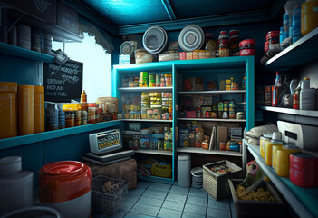 Minimarket with products on the shelves. AI Generated