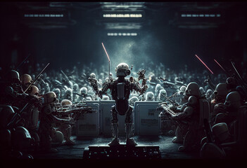 Fototapeta na wymiar Robot conductor leads a robotic orchestra. AI Generated