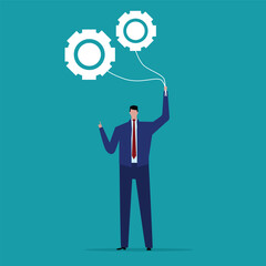 Protection with business settings. Financial crisis. Policy. Help company and business to survive. businessman holding a balloon setting gear shaped