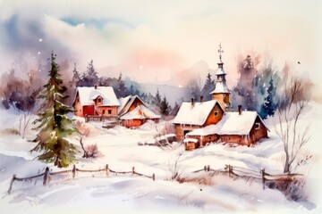 Fototapeta na wymiar Watercolor winter village with church and trees isolated on white background. Christmas card. winter Christmas village on snowy background. Hand drawn watercolor illustration