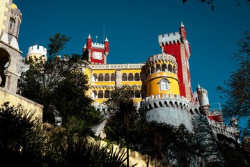 Low-angle view of the Park and National Palace of Pena located in Sintra, Portugal
