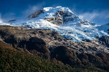 A beautiful shot of a Dry Glacier, in Patagonia under a blue sky