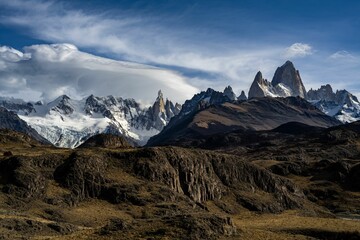 Magnificent autumn landscape with the Fitz Roy Mountain and El Chalten peak in Argentinian Patagonia