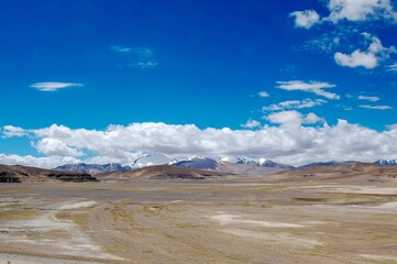 Atacama desert savanna, mountains and volcano landscape on a sunny day