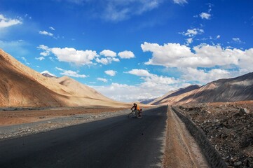 Cyclist riding on the empty road alongside the wide field with mountains in the background