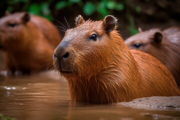 portrait of a capybara (Hydrochoerus hydrochaeris) swimming in the water, the largest rodent in the world. A cute furry capybara swimming in a lake
