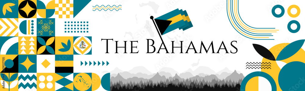 Wall mural The Bahamas Independence Day abstract banner design with flag and map. Flag color theme geometric pattern retro modern Illustration design. Blue and Yellow flag color template.