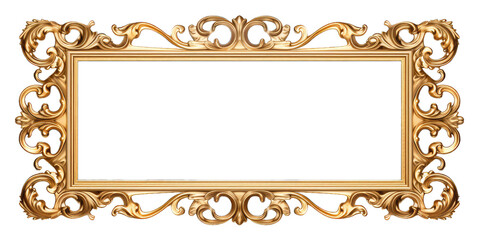 Golden baroque frame on transparent background.  Decorative elegant luxury design, golden elements in baroque, rococo style. 