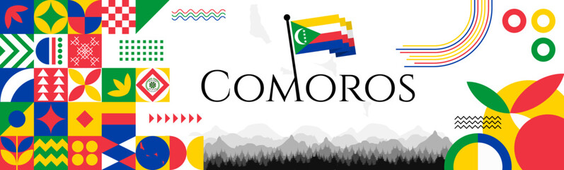 Fototapeta premium Comoros national day abstract banner design with flag and map. Flag color theme geometric pattern retro modern Illustration design. Yellow, blue, green, red flag color template.