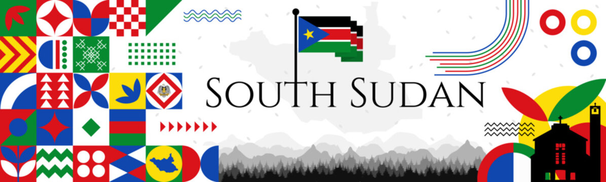 South Sudan Independence Day abstract banner design with flag and map. Flag color theme geometric pattern retro modern Illustration design. Blue, Red, Green flag color template.