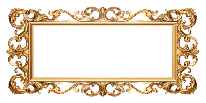 Golden baroque frame on transparent background.  Decorative elegant luxury design, golden elements in baroque, rococo style. 