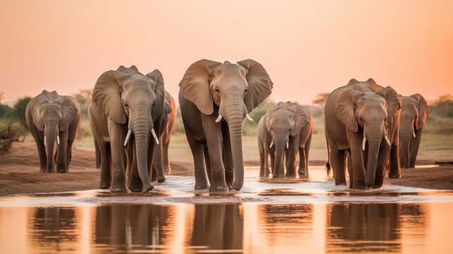 A herd of elephants walking across a river. Generative AI image.