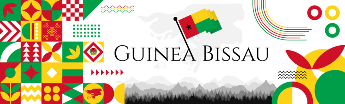 Guinea-Bissau Independence Day abstract banner design with flag and map. Flag color theme geometric pattern retro modern Illustration design. green and yellow flag color template.