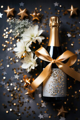 Generative AI - Celebration background with golden champagne bottle, confetti stars, and party streamers