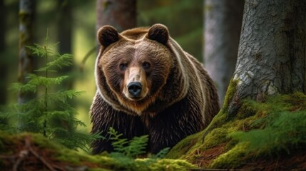 Naklejka na ściany i meble Brown bear in the ancient wild forest. AI generative.