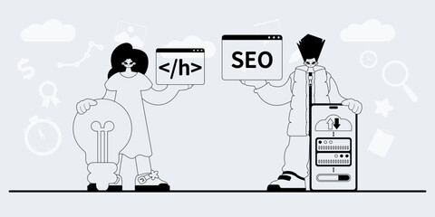 A team that specializes in SEO . trendy exemplar in a analogue manner. Trendy style, Vector Illustration