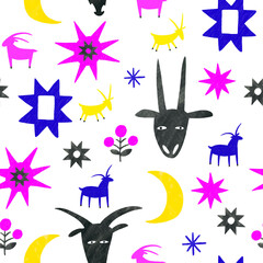 Fototapeta na wymiar Pattern in ethnical style related to Christmas in Eastern Europe with symbols of this holiday (goats, stars etc). Fun creative illustration for fabrics, prints, covers.