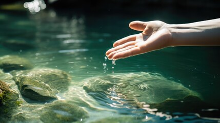 A female hand touching the river water