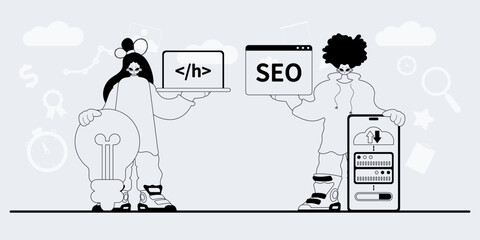 A team that specializes in SEO . trendy exemplar in a analogue manner. Trendy style, Vector Illustration