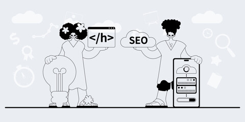 A team that specializes in SEO . trendy exemplar in a analogue manner. Trendy style, Vector Illustration