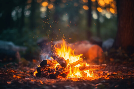 Bonfire in the forest. Generative AI.