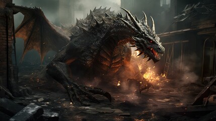 Head of Fantasy Dragon. Ferocious monster. Vicious dragon with a gaping maw. Beast showing its might